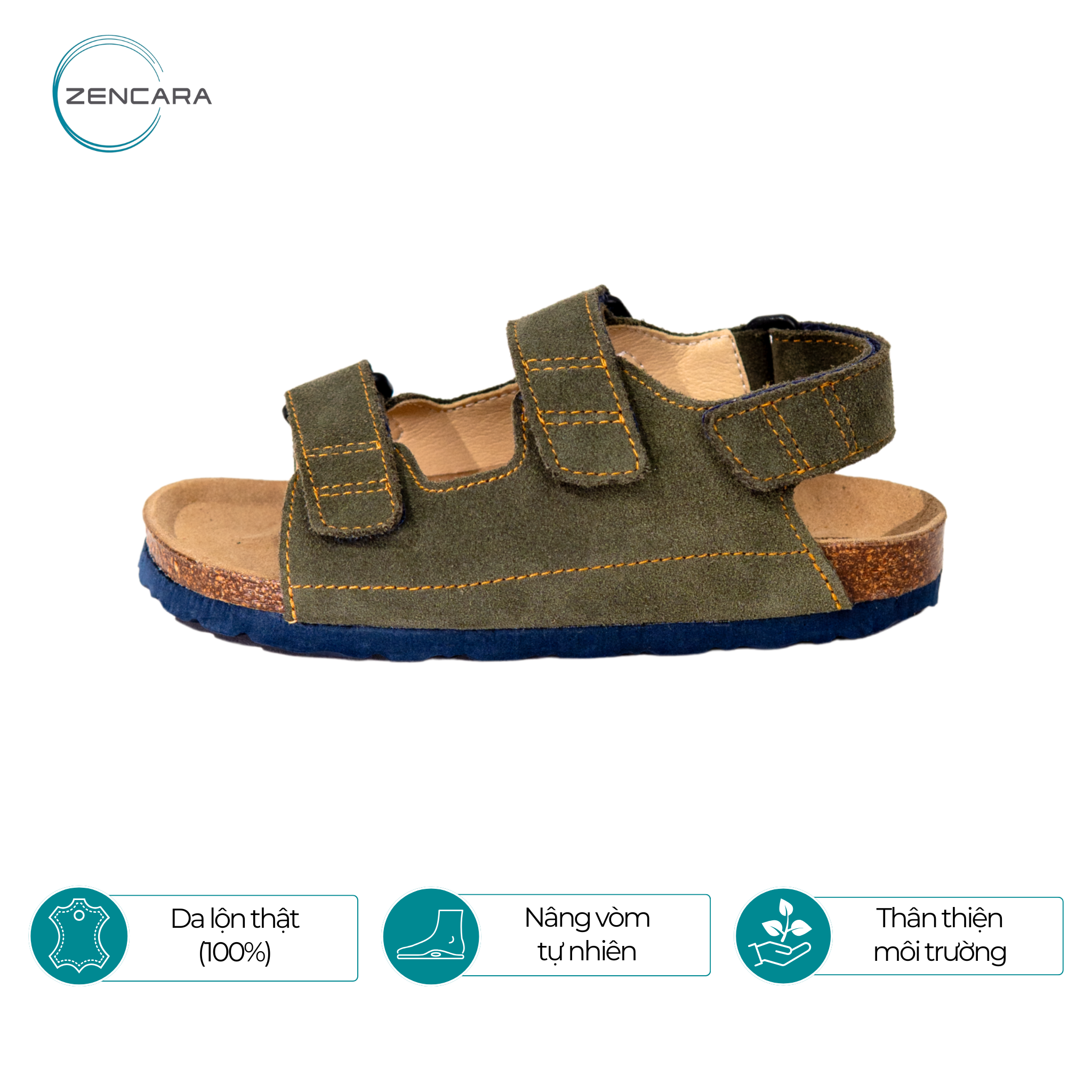 Sandal Sức Khỏe Đế Cork Trẻ Em Màu Rêu Zencara